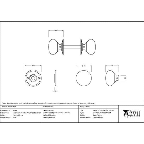 From The Anvil - Mushroom Mortice/Rim Knob Set - Polished Brass - 83564 - Choice Handles
