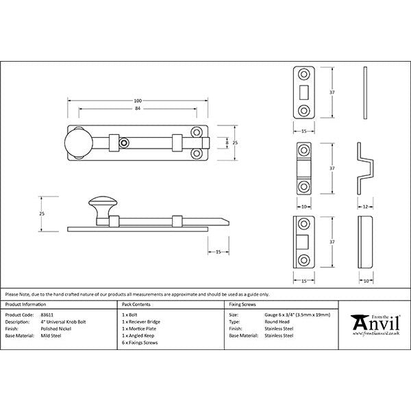 From The Anvil - 4" Universal Bolt - Polished Nickel - 83611 - Choice Handles