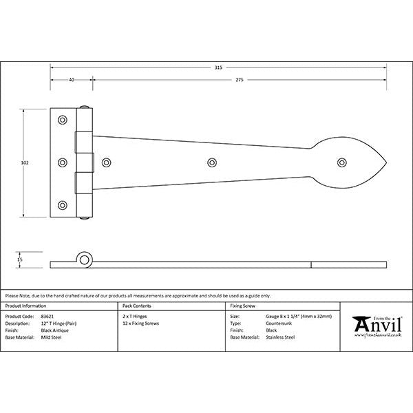 From The Anvil - Textured 12" Cast T Hinge (pair) - Black - 83621 - Choice Handles