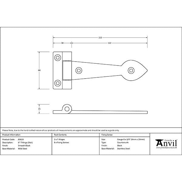 From The Anvil - Smooth 6" Cast T Hinge (pair) - Black - 83624 - Choice Handles