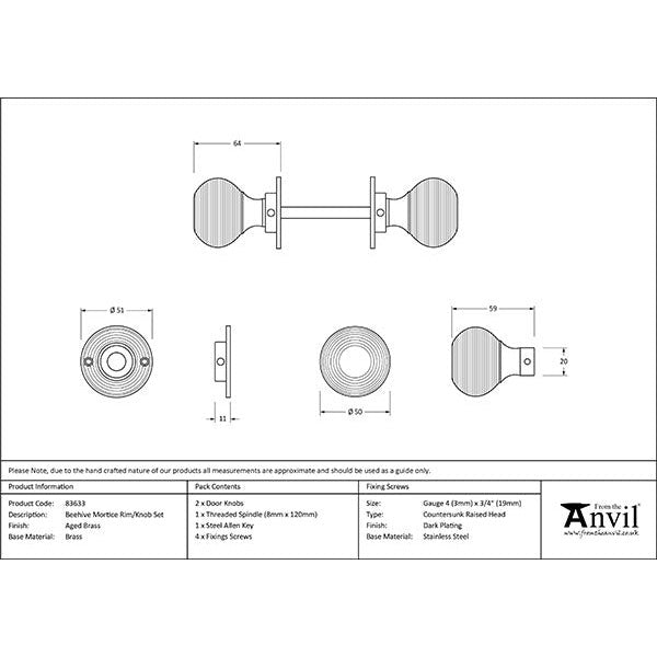 From The Anvil - Beehive Mortice/Rim Knob Set - Aged Brass - 83633 - Choice Handles