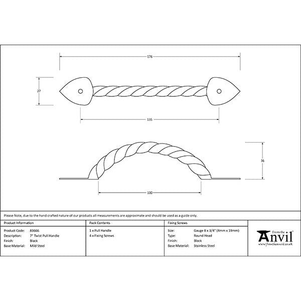 From The Anvil - 7" Twist Pull Handle - Black - 83666 - Choice Handles