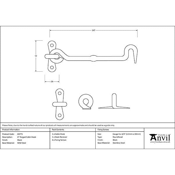 From The Anvil - 6" Forged Cabin Hook - Black - 83771 - Choice Handles