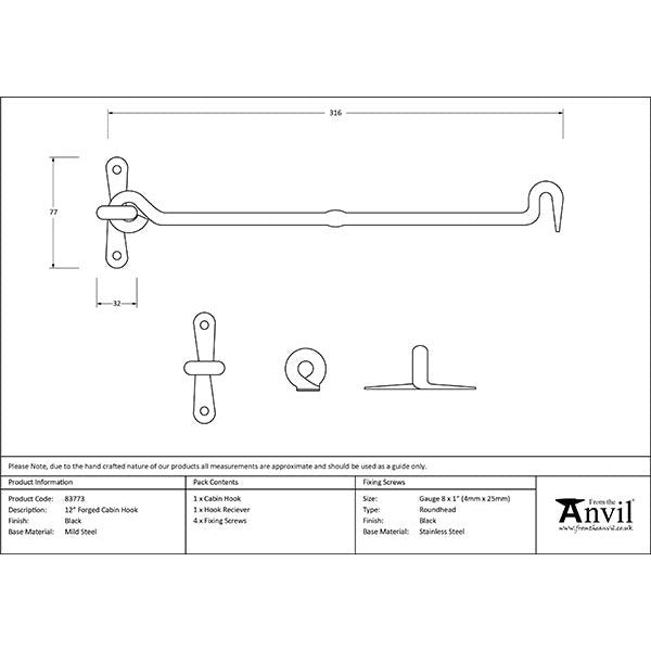 From The Anvil - 12" Forged Cabin Hook - Black - 83773 - Choice Handles