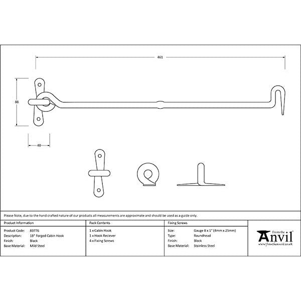 From The Anvil - 18" Forged Cabin Hook - Black - 83776 - Choice Handles