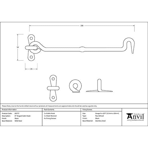 From The Anvil - 8" Forged Cabin Hook - Black - 83777 - Choice Handles