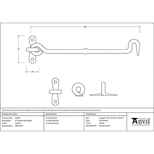 From The Anvil - 8" Forged Cabin Hook - Pewter Patina - 83794 - Choice Handles