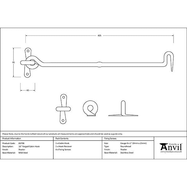 From The Anvil - 16" Forged Cabin Hook - Pewter Patina - 83798 - Choice Handles