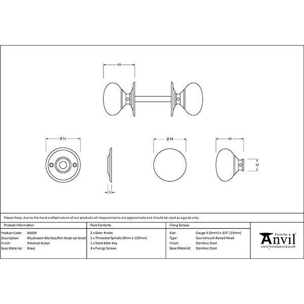 From The Anvil - Mushroom Mortice/Rim Knob Set - Polished Nickel - 83839 - Choice Handles
