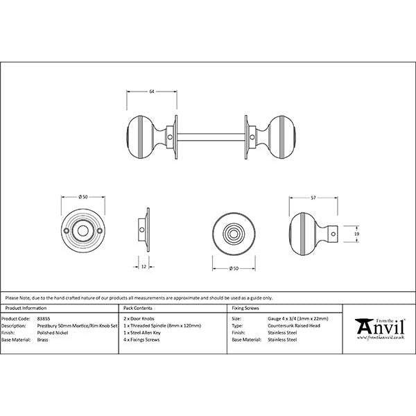 From The Anvil - 50mm Prestbury Mortice/Rim Knob Set - Polished Nickel - 83855 - Choice Handles