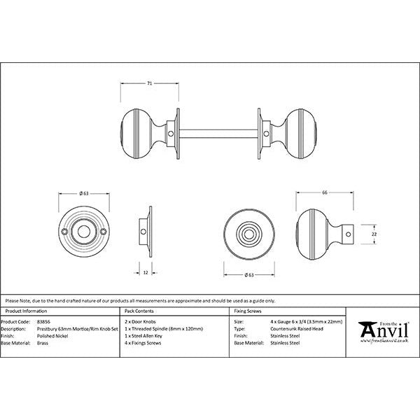 From The Anvil - 63mm Prestbury Mortice/Rim Knob Set - Polished Nickel - 83856 - Choice Handles