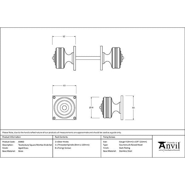 From The Anvil - Tewkesbury Square Mortice Knob Set - Aged Brass - 83860 - Choice Handles