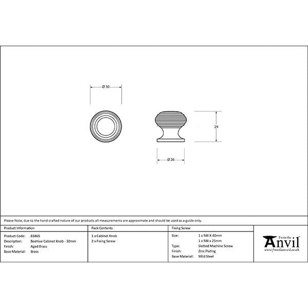 From The Anvil - Beehive Cabinet Knob 30mm - Aged Brass - 83865 - Choice Handles