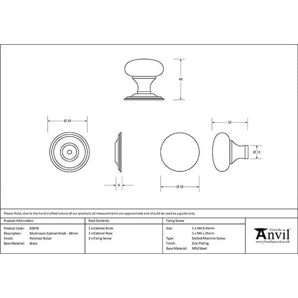 From The Anvil - Mushroom Cabinet Knob 38mm - Polished Nickel - 83878 - Choice Handles
