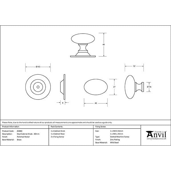 From The Anvil - Oval Cabinet Knob 40mm - Polished Nickel - 83880 - Choice Handles
