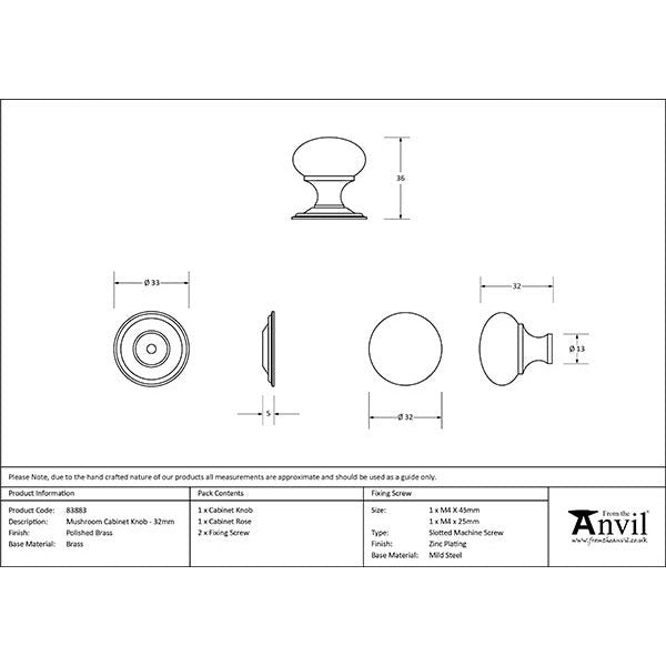 From The Anvil - Mushroom Cabinet Knob 32mm - Polished Brass - 83883 - Choice Handles