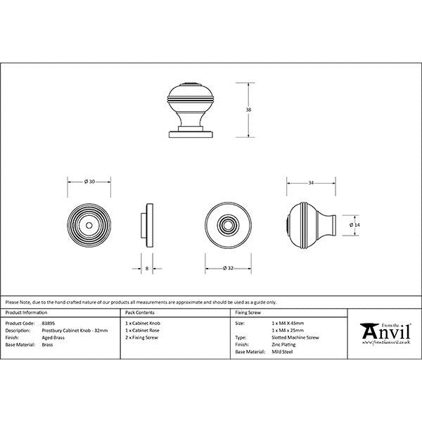 From The Anvil - Prestbury Cabinet Knob 32mm - Aged Brass - 83895 - Choice Handles