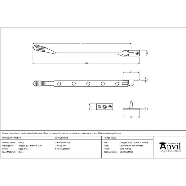 From The Anvil - 12" Reeded Stay - Aged Brass - 83909 - Choice Handles