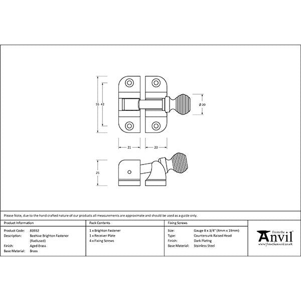 From The Anvil - Beehive Brighton Fastener (Radiused) - Aged Brass - 83932 - Choice Handles