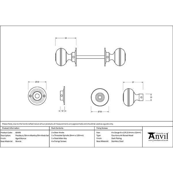 From The Anvil - 50mm Prestbury Mortice/Rim Knob Set - Aged Bronze - 83945 - Choice Handles