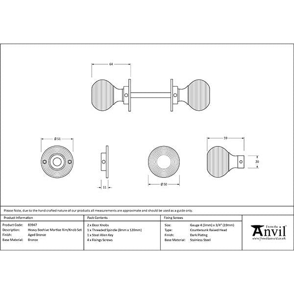 From The Anvil - Heavy Beehive Mortice/Rim Knob Set - Aged Bronze - 83947 - Choice Handles