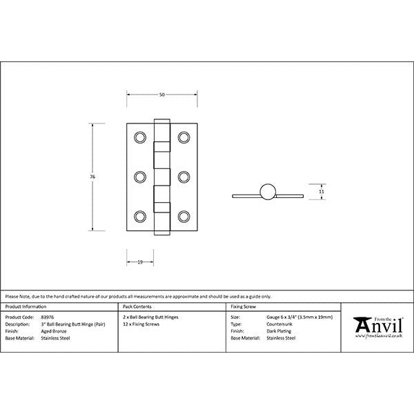 From The Anvil - 3" Ball Bearing Butt Hinge (pair) ss - Aged Bronze - 83976 - Choice Handles