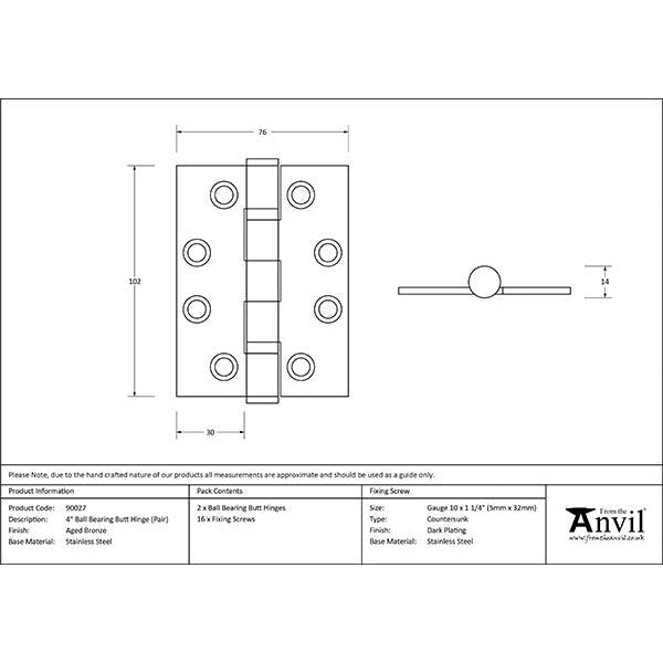 From The Anvil - 4" Ball Bearing Butt Hinge (pair) ss - Aged Bronze - 83977 - Choice Handles