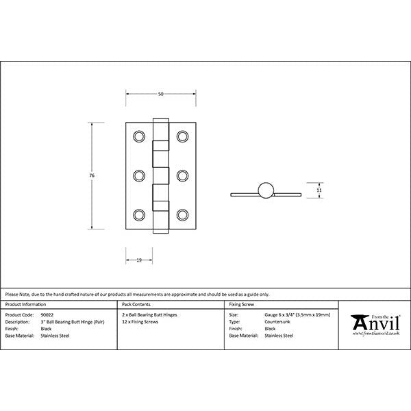 From The Anvil - 3" Ball Bearing Butt Hinge (Pair) ss - Black - 90022 - Choice Handles