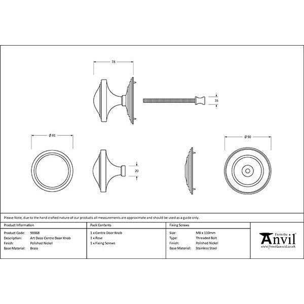 From The Anvil - Art Deco Centre Door Knob - Polished Nickel - 90068 - Choice Handles