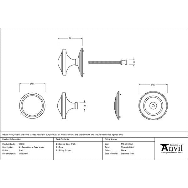 From The Anvil - Art Deco Centre Door Knob - Black - 90070 - Choice Handles