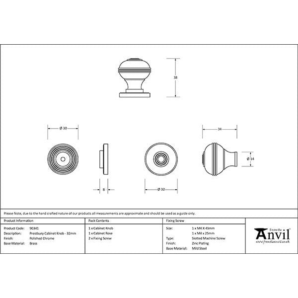 From The Anvil - Prestbury Cabinet Knob 32mm - Polished Chrome - 90341 - Choice Handles