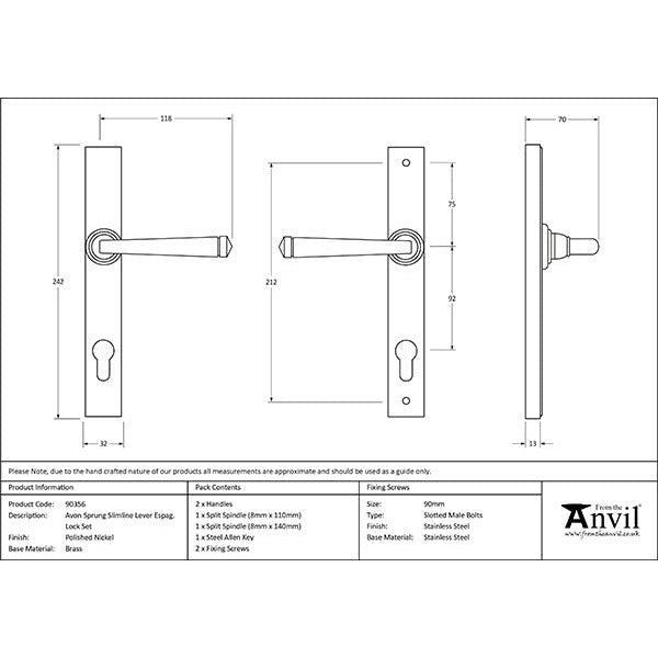 From The Anvil - Avon Slimline Lever Espag. Lock Set - Polished Nickel - 90356 - Choice Handles
