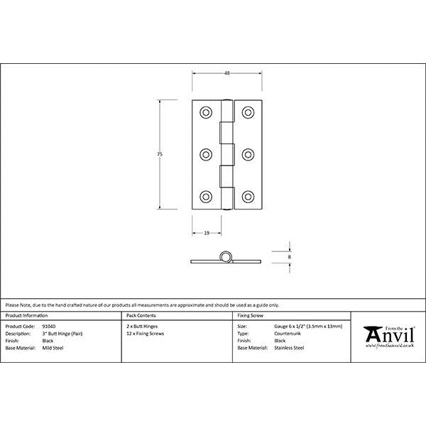 From The Anvil - 3" Butt Hinge (pair) - Black - 91040 - Choice Handles