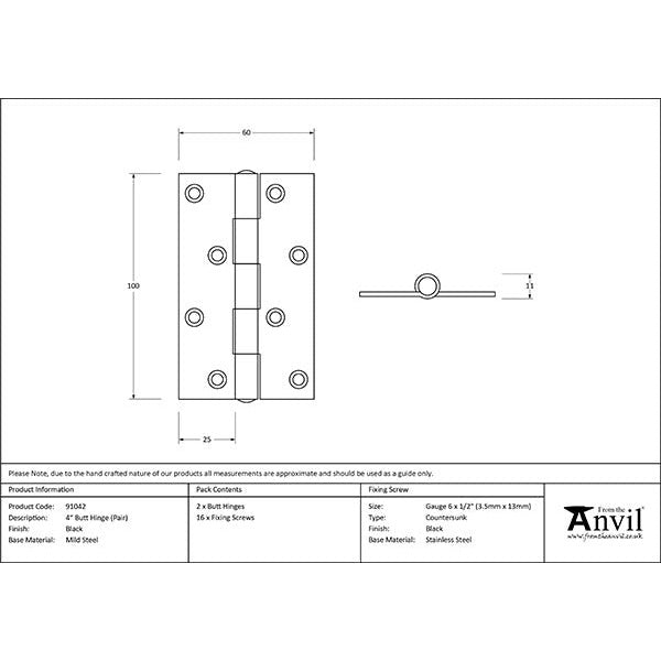From The Anvil - 4" Butt Hinge (Pair) - Black - 91042 - Choice Handles
