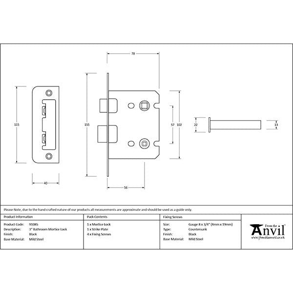 From The Anvil - 3" Bathroom Mortice Lock - Black - 91085 - Choice Handles