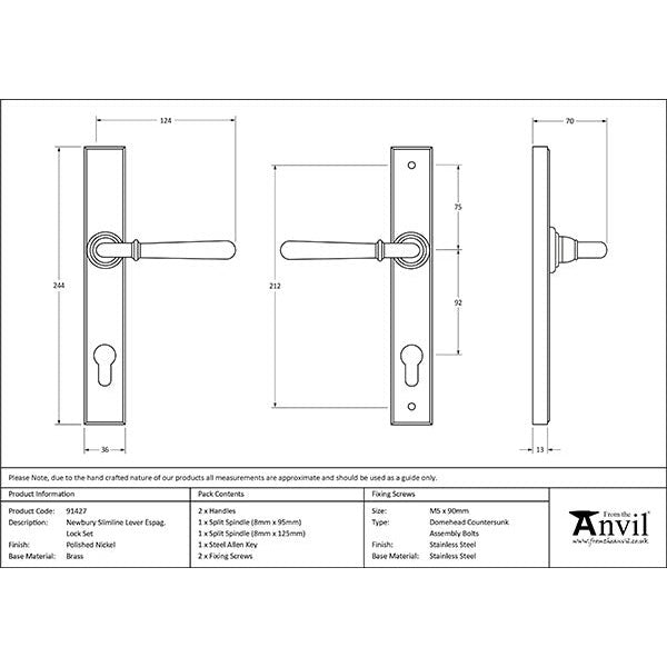 From The Anvil - Newbury Slimline Lever Espag. Lock Set - Polished Nickel - 91427 - Choice Handles