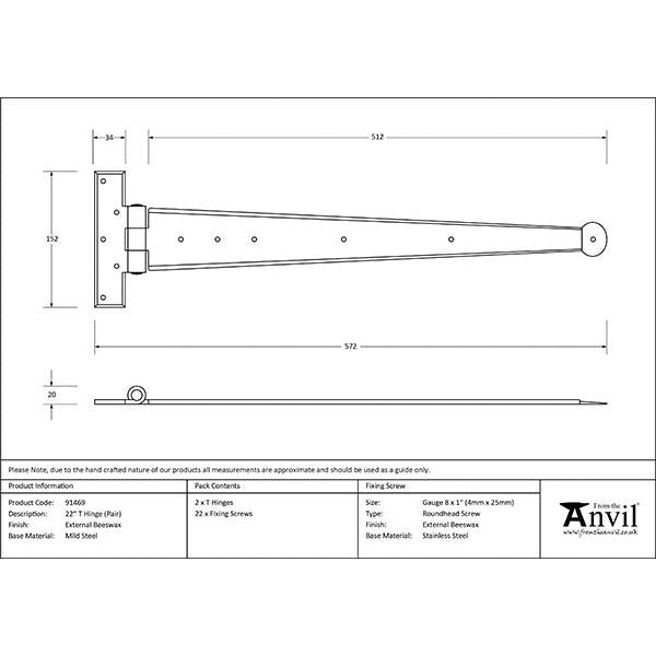 From The Anvil - 22" Penny End T Hinge (pair) - External Beeswax - 91469 - Choice Handles