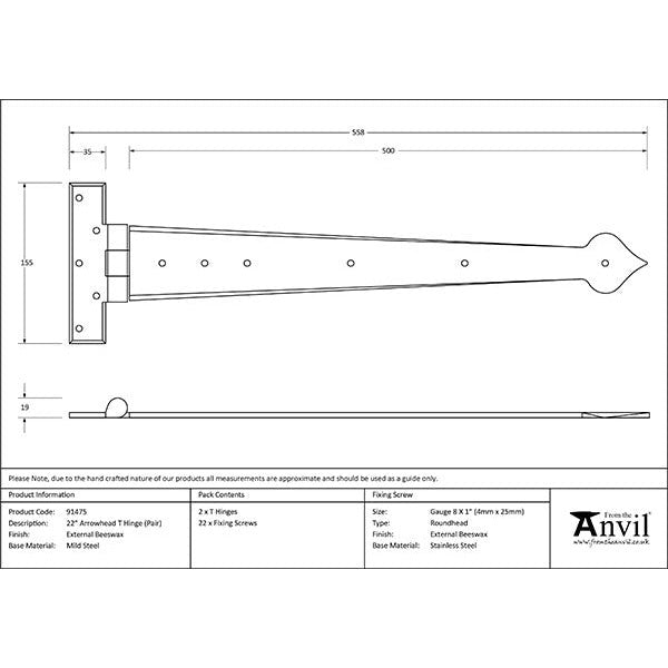 From The Anvil - 22" Arrow Head T Hinge (pair) - External Beeswax - 91475 - Choice Handles