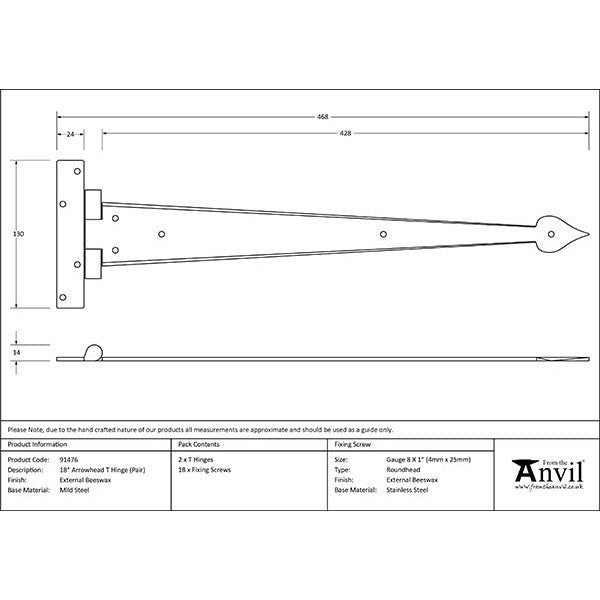 From The Anvil - 18" Arrow Head T Hinge (pair) - External Beeswax - 91476 - Choice Handles