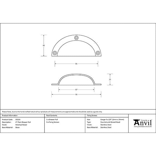 From The Anvil - 4" Plain Drawer Pull - Polished Nickel - 91524 - Choice Handles