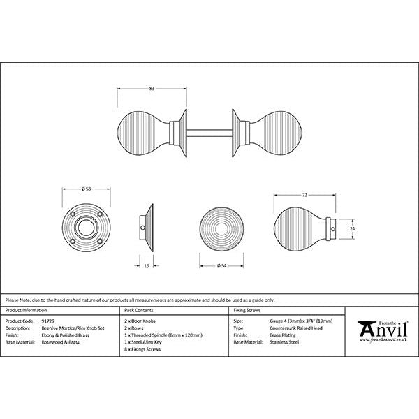 From The Anvil - Beehive Mortice/Rim Knob Set - Ebony - 91729 - Choice Handles