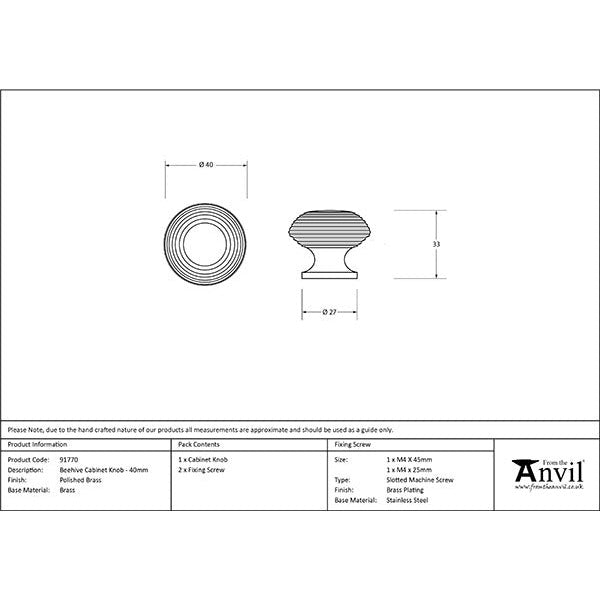 From The Anvil - Beehive Cabinet Knob 40mm - Polished Brass - 91770 - Choice Handles