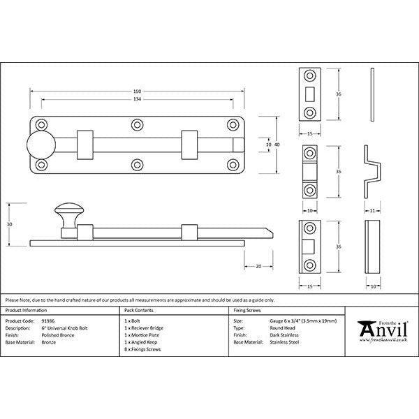 From The Anvil - 6" Universal Bolt - Polished Bronze - 91936 - Choice Handles