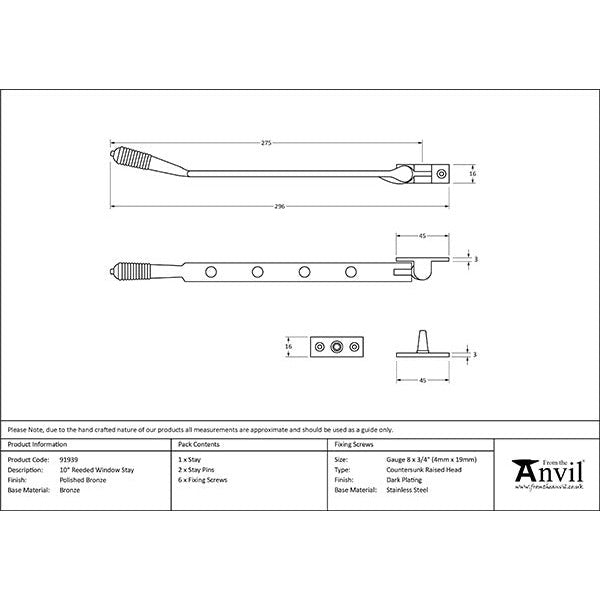 From The Anvil - 10" Reeded Stay - Polished Bronze - 91939 - Choice Handles