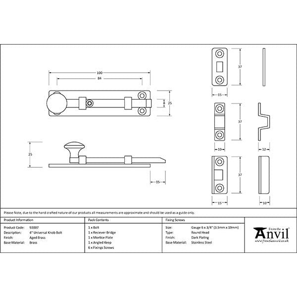 From The Anvil - 4" Universal Bolt - Aged Brass - 92007 - Choice Handles