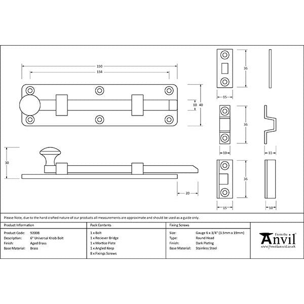 From The Anvil - 6" Universal Bolt - Aged Brass - 92008 - Choice Handles