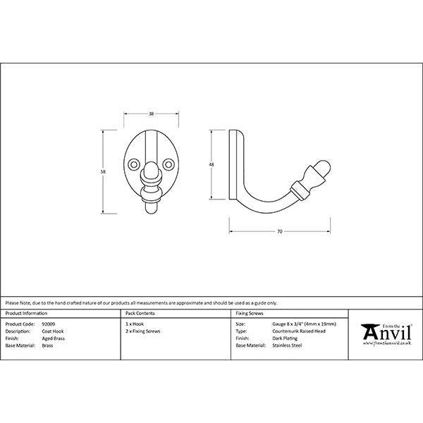 From The Anvil - Coat Hook - Aged Brass - 92009 - Choice Handles