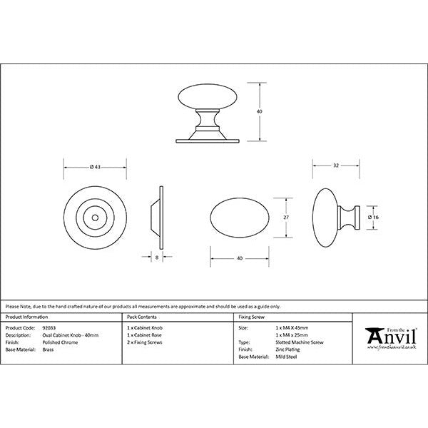 From The Anvil - Oval Cabinet Knob 40mm - Polished Chrome - 92033 - Choice Handles