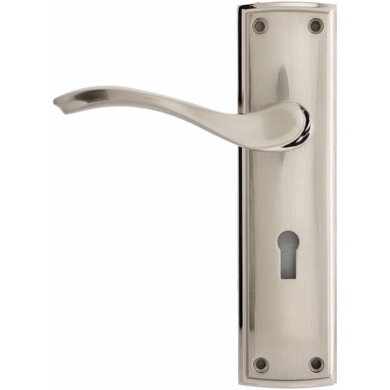 Darcel - Ardeche Lever Latch Handle On Back Plate Satin Nickel/Polished Nickel - DCARLT-SNNP - Choice Handles