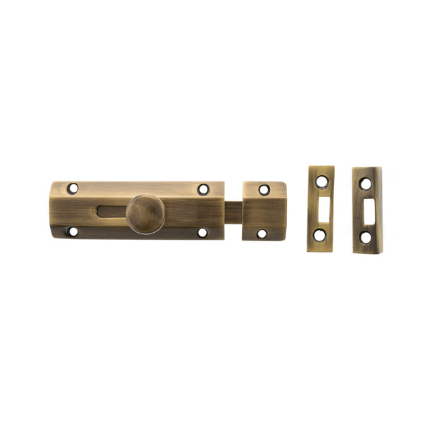 Atlantic Solid Brass Surface Door Bolt 4" - Antique Brass - ASB4AB - Choice Handles